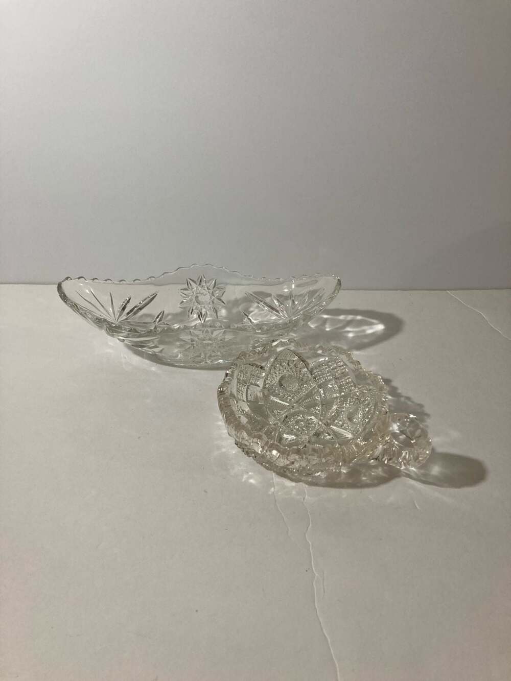 Antique American Brilliant Period Cut Glass Crystal Boat Bowl & Handled Dish Set